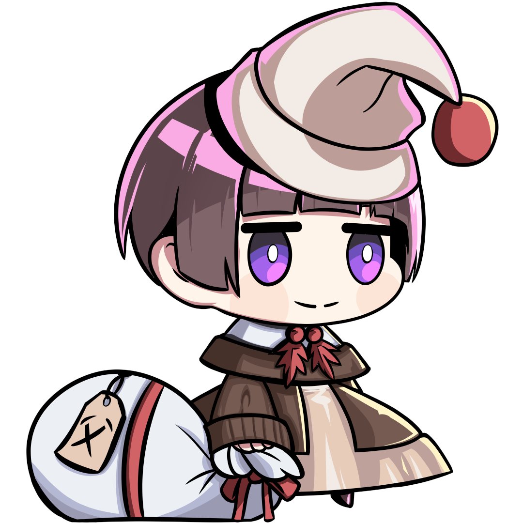 kouto matai, miura shuko, dohna dohna issho ni warui koto o shiyou, 1girl, blunt bangs, bright pupils, brown dress, brown hair, chibi, chibi only, dress, hat, holding, holding sack, long sleeves, meme, no nose, padoru (meme), purple eyes, sack, short hair, simple background, smile, solo, split mouth, white background, white hat, white pupils