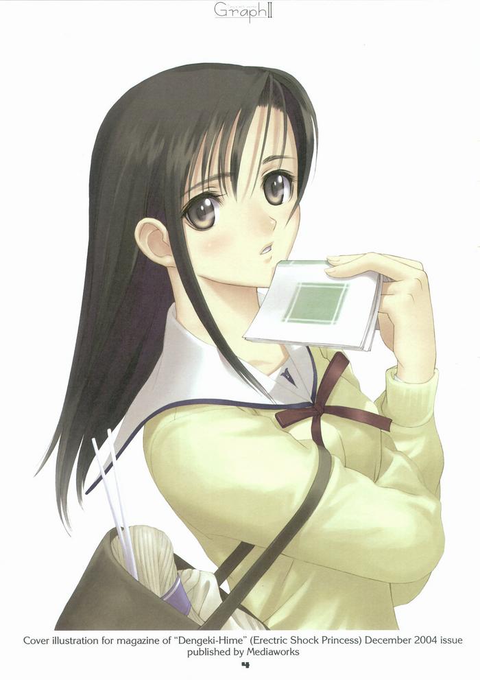 tony taka, dengeki hime, bag, black eyes, black hair, book, handbag, school uniform, serafuku, solo, tote bag, yarn