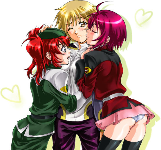 cagalli yula athha, lunamaria hawke, meyrin hawke, gundam, gundam seed, gundam seed destiny, 00s, 3girls, black thighhighs, blonde hair, blush, girl sandwich, hug, kiss, kissing cheek, military, military uniform, miniskirt, multiple girls, one eye closed, panties, pantyshot, pencil skirt, purple eyes, purple hair, red hair, sandwiched, siblings, sisters, skirt, standing, thighhighs, twintails, underwear, upskirt, white panties, wink, yellow eyes, yuri