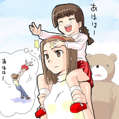 torii eriko, maria-sama ga miteru, lowres, 00s, 2girls, bear, carrying, debochin, forehead, multiple girls, piggyback, shoulder carry
