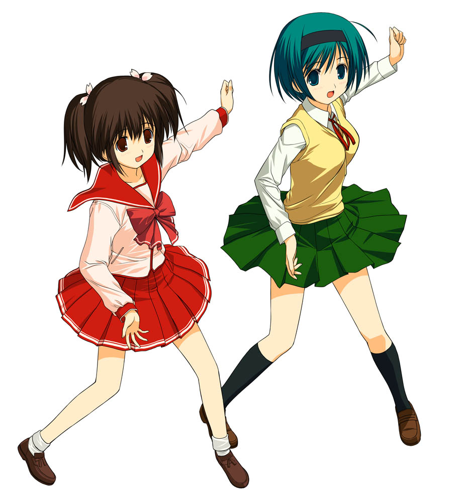a1 (initial-g), yoshioka chie, yuzuhara konomi, to heart (series), to heart 2, 00s, blush, brown hair, dancing, green eyes, green hair, hairband, pleated skirt, red eyes, school uniform, serafuku, short hair, skirt, twintails