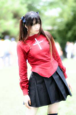 tohsaka rin, fate/stay night, fate (series), cosplay photo, lowres, photo (medium), 1girl, cosplay, female focus, solo, thighhighs, turtleneck