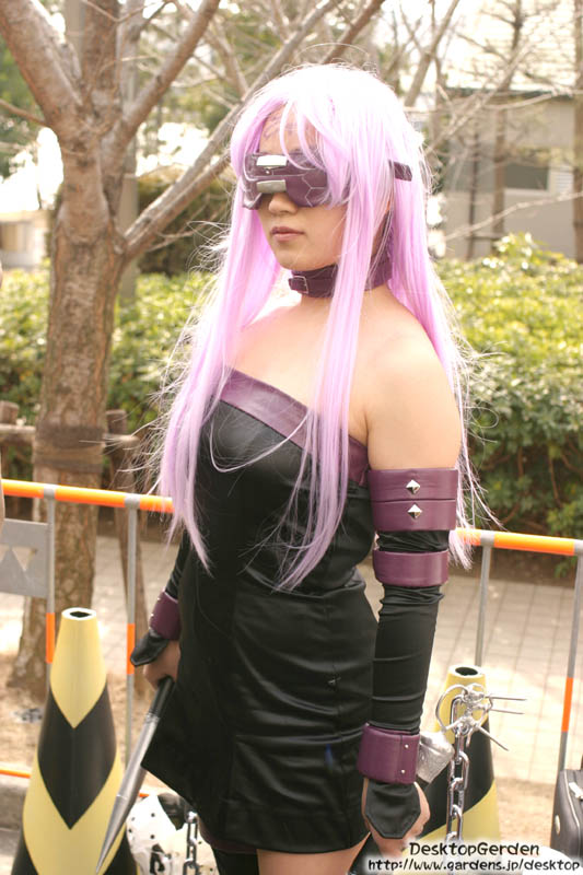 medusa (fate), medusa (rider) (fate), fate/stay night, fate (series), cosplay photo, photo (medium), 1girl, blindfold, cosplay, dress, female focus, medusa (rider) (fate) (cosplay), nameless dagger (fate), solo, strapless, strapless dress, thighhighs