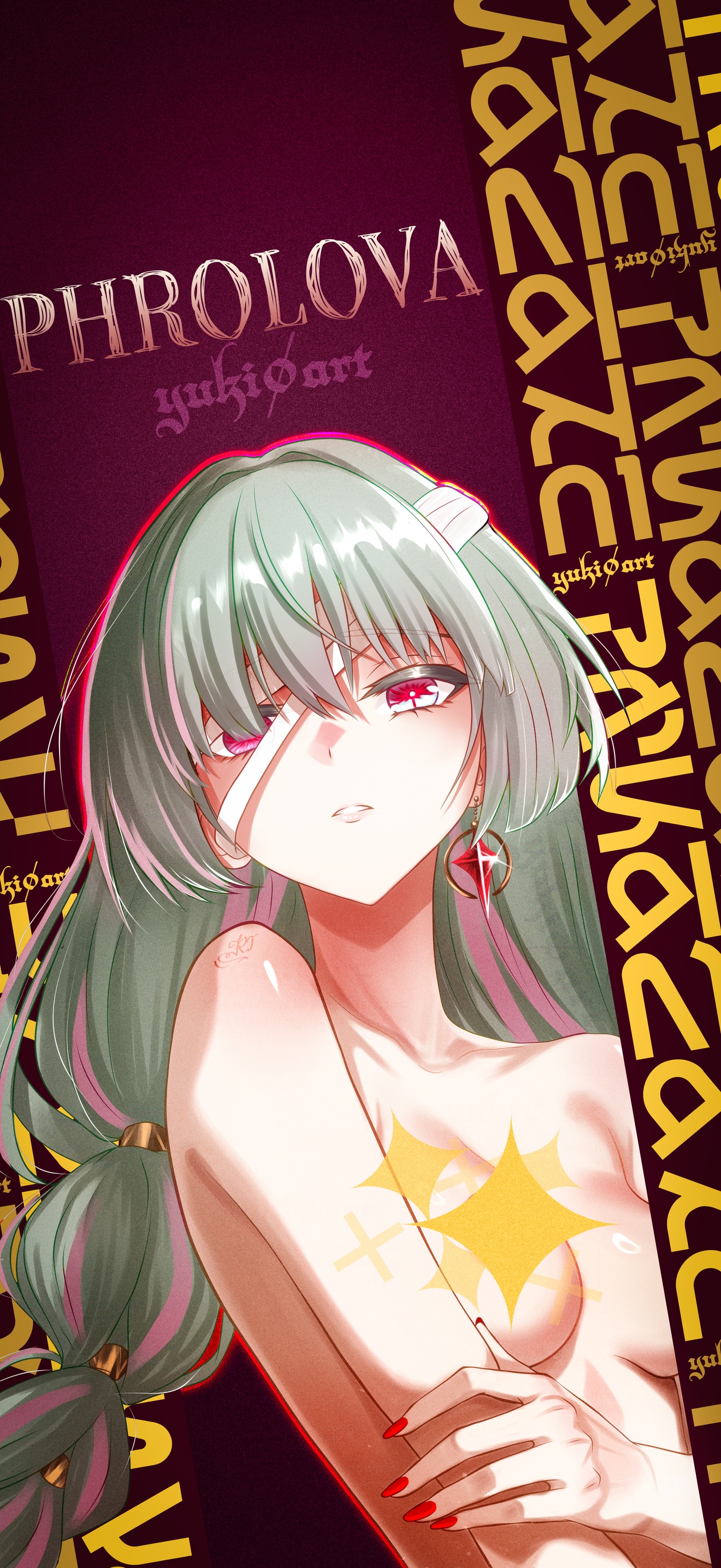 yuki0 art, phrolova (wuthering waves), wuthering waves, absurdres, commentary, english commentary, highres, paid reward available, 1girl, alternate costume, bare shoulders, braid, breasts, censored, character name, earrings, fingernails, flower, grey hair, jewelry, long hair, looking at viewer, loose bandages, low twin braids, medium breasts, multicolored hair, nail polish, nude, parted lips, red eyes, red nails, red pupils, solo, spider lily, star censor, streaked hair, twin braids, twitter username, upper body