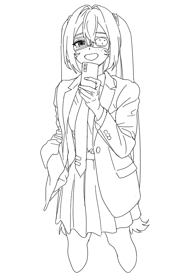 cosmic bear, hatsune miku, monitoring (vocaloid), vocaloid, 1girl, blazer, cellphone, collared shirt, eyepatch, freckles, greyscale, hair between eyes, hand in pocket, holding, holding phone, jacket, lineart, long hair, monochrome, necktie, open mouth, phone, pleated skirt, shirt, skirt, smartphone, smile, solo, tie clip, twintails, very long hair