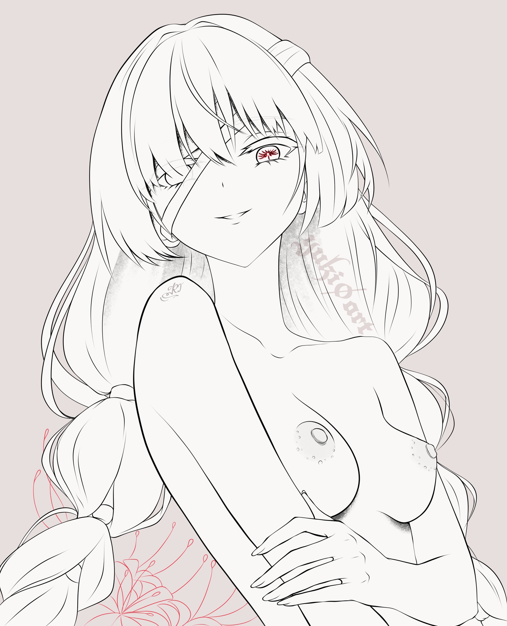 yuki0 art, phrolova (wuthering waves), wuthering waves, commentary, english commentary, highres, paid reward available, 1girl, artist name, braid, breasts, fingernails, flower, grey background, long hair, looking at viewer, loose bandages, low twin braids, medium breasts, nipples, nude, parted lips, simple background, smile, solo, spider lily, symbol-shaped pupils, twin braids, upper body