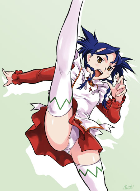 maruto!, nina wang, my-otome, 00s, 1girl, apron, axe kick, blue hair, braid, dress, female focus, flexible, frilled apron, frills, garderobe uniform, high kick, kicking, long sleeves, maid, open mouth, panties, pantyshot, print apron, print thighhighs, red dress, solo, spiked hair, split, standing, standing on one leg, standing split, thighhighs, underwear, upskirt, white apron, white panties, white thighhighs, yellow eyes