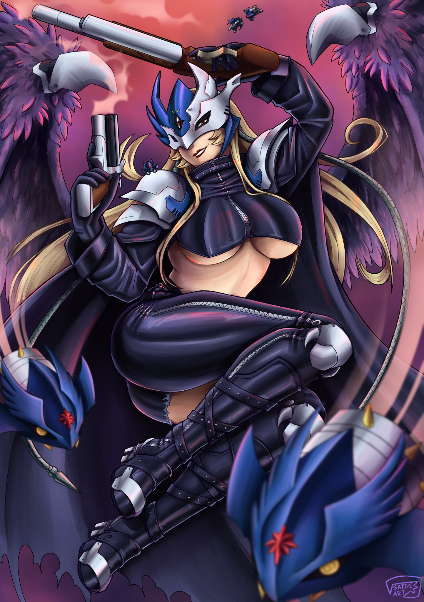 beelstarmon, digimon, commentary, english commentary, highres, 1girl, ankle gun, arms up, ass, asymmetrical clothes, beelstarmon x, belt, belt collar, black boots, black gloves, black mask, black pants, blonde hair, blurry, blurry foreground, boots, breasts, collar, cropped jacket, derringer, digimon (creature), eye mask, feathered wings, full body, garde-art, gloves, gun, handgun, holding, holding gun, holding weapon, jacket, large breasts, leather, leather jacket, leather pants, long hair, looking at viewer, mask, pants, parted lips, purple wings, red eyes, shoulder pads, sidelocks, signature, single pantsleg, single thigh boot, smile, smoke, smoking barrel, solo focus, stomach, thigh boots, third eye, tight clothes, tight pants, underboob, weapon, wings, zipper
