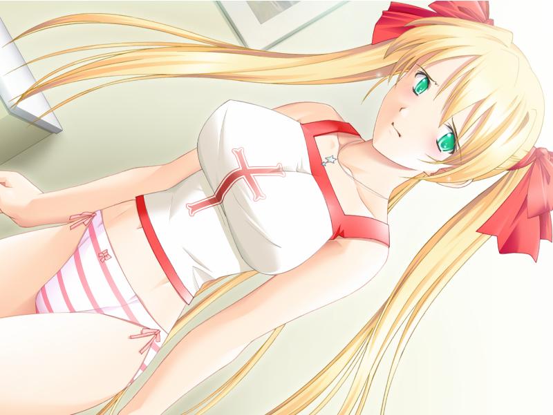 ribahara aki, akehime saki, ail soft, kyouhaku 2, game cg, 1girl, blonde hair, blush, bottomless, bow, bow panties, breasts, crop top, dutch angle, female focus, green eyes, hair ribbon, jewelry, large breasts, long hair, navel, necklace, no pants, panties, red panties, ribbon, solo, standing, striped clothes, striped panties, tank top, twintails, underwear