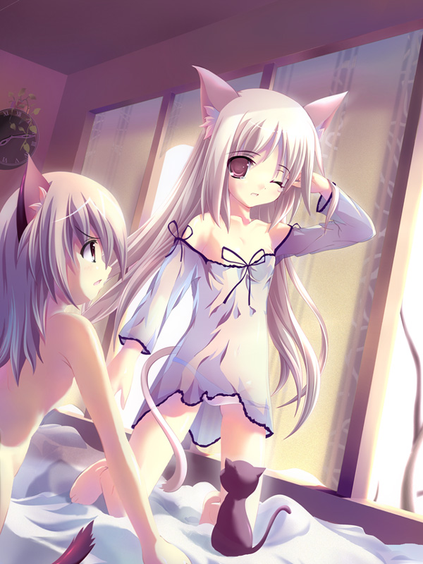 yamamoto nori, original, 2girls, animal, animal ears, barefoot, bed, cat, cat ears, cat tail, lingerie, loli, long hair, multiple girls, nude, panties, tail, underwear