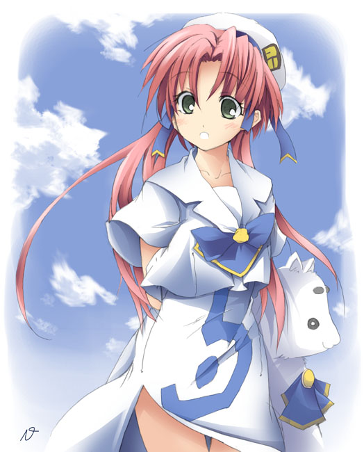 mizoguchi keiji, aria pokoteng, mizunashi akari, aria (manga), 00s, 1girl, arms behind back, blouse, cat, cloud, day, female focus, green eyes, hat, open mouth, pink hair, shirt, short hair with long locks, side slit, sidelocks, sky, solo, standing, white shirt