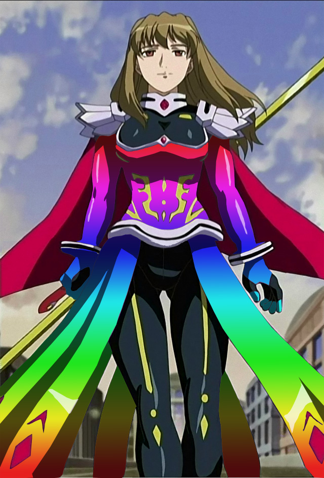 shizuru viola, my-otome, anime screenshot, tagme, third-party edit, 00s, holding behind back, holding polearm, holding polearm behind back, holding weapon, holding weapon behind back, polearm, rainbow, solo