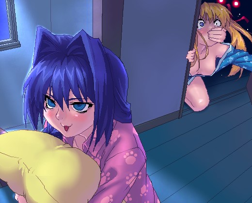 zen, minase akiko, minase nayuki, sawatari makoto, tsukimiya ayu, kanon, 3girls, blue eyes, blue hair, glowing, glowing eyes, hair intakes, multiple girls, oekaki, pajamas, pillow, you gonna get raped, yuri