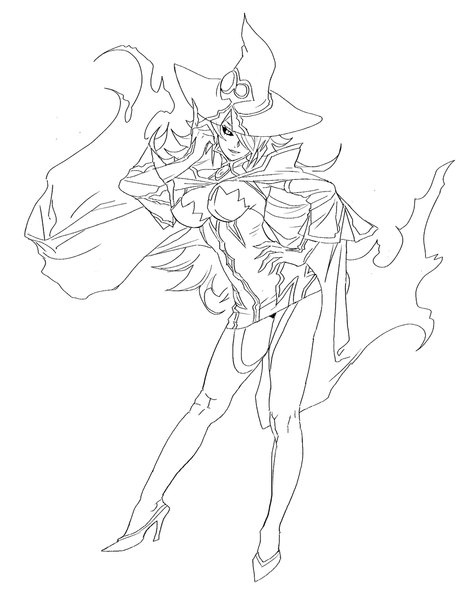 cosmic bear, konoe a. mercury, blazblue, highres, 1girl, bodycon, breasts, cape, cleavage, colored sclera, detached sleeves, dress, full body, gloves, greyscale, hair over one eye, hand on own hip, hat, high heels, impossible clothes, impossible dress, large breasts, lineart, long hair, monochrome, panties, pantyshot, parted lips, pointing, pointing up, short dress, smirk, solo, thighhighs, underwear, witch hat