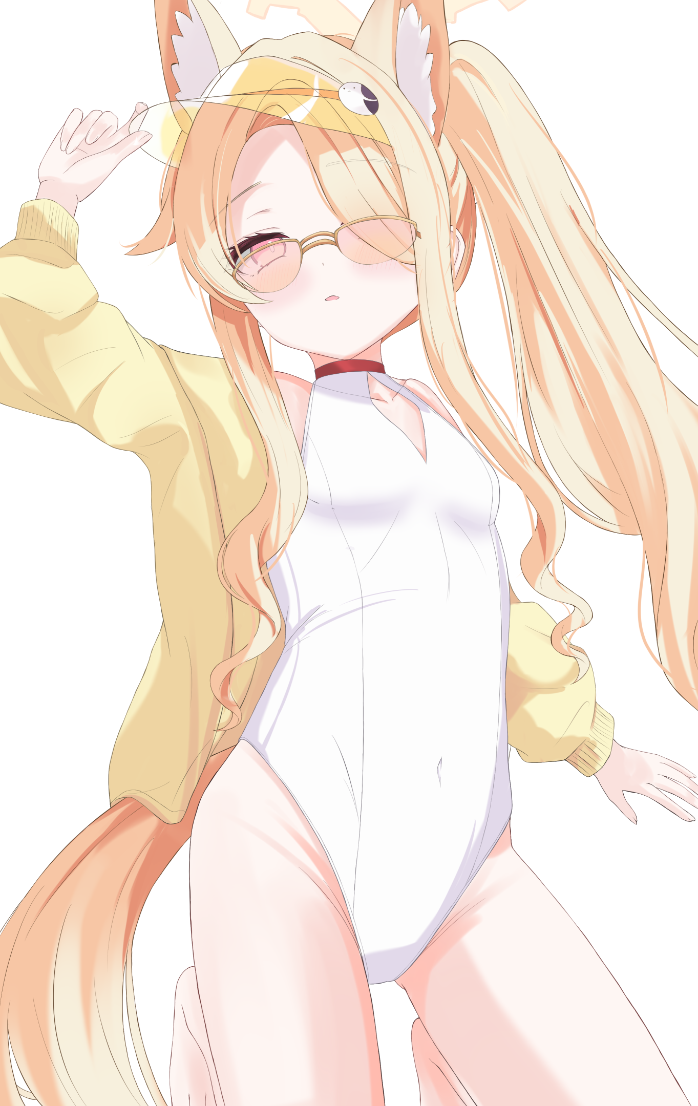 tomato greening, seia (blue archive), seia (swimsuit) (blue archive), blue archive, highres, 1girl, animal ear fluff, animal ears, blonde hair, breasts, covered navel, cowboy shot, cross halo, diamond cutout, fox ears, fox girl, fox tail, hair over one eye, halo, highleg, highleg one-piece swimsuit, jacket, kneeling, long hair, official alternate costume, official alternate hairstyle, one-piece swimsuit, orange-tinted eyewear, orange eyes, side ponytail, simple background, small breasts, solo, sunglasses, swimsuit, tail, tinted eyewear, visor cap, white background, white one-piece swimsuit, yellow halo, yellow jacket, yellow visor