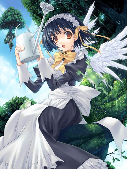 hagure keg, original, angel, blue hair, frog, maid, short hair, solo, watercan, watering can, wings