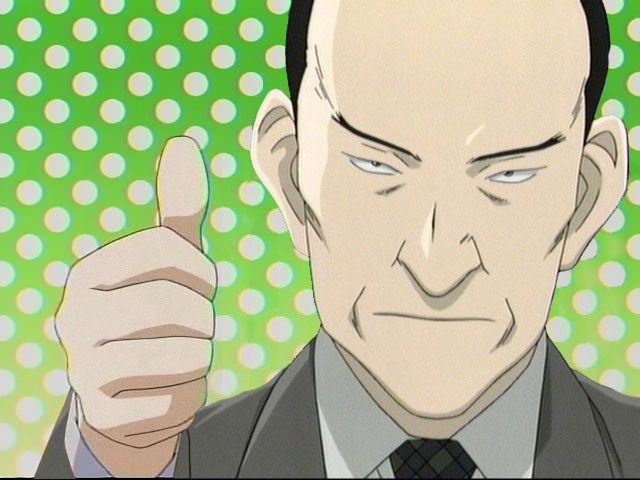 heinrich lunge, heinrich runge, gokujou seitokai, monster (manga), anime screenshot, 1boy, crossover, jacket, male focus, parody, solo, suit jacket, thumbs up