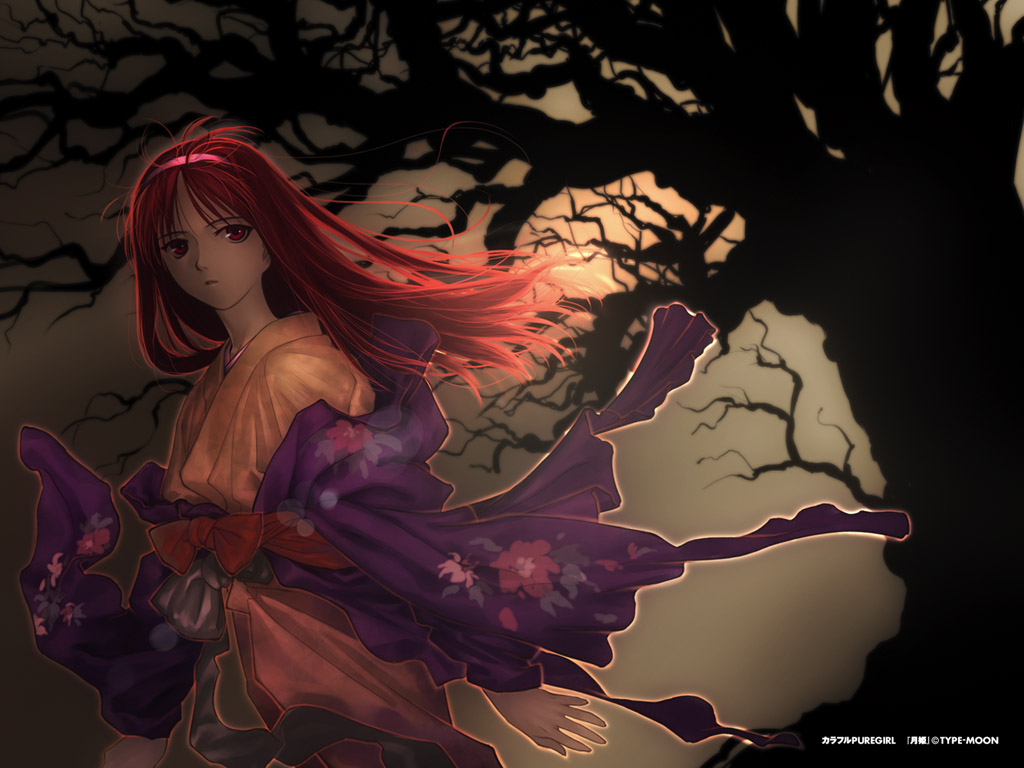 tohno akiha, toono akiha, vermillion akiha, tsukihime, duplicate, 00s, bare tree, dark, hairband, japanese clothes, long hair, red hair, red theme, solo, tree, wind