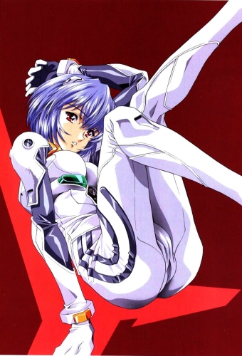 kawarajima kou, ayanami rei, neon genesis evangelion, lowres, 1girl, arm up, blue hair, bodysuit, bracer, breasts, female focus, from side, gloves, hair ornament, head tilt, interface headset (evangelion), looking at viewer, mecha pilot suit, parted lips, plugsuit (evangelion), red eyes, short hair, sitting, solo