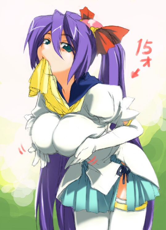 reco, cave (developer), mushihime-sama, translated, 1girl, blue sailor collar, blue skirt, breast lift, breasts, breasts squeezed together, brooch, cowboy shot, elbow gloves, female focus, gloves, green eyes, hair ornament, hair ribbon, impossible clothes, impossible shirt, jewelry, large breasts, leaning forward, long hair, looking at viewer, miniskirt, mouth hold, necktie, pleated skirt, purple hair, ribbon, sailor collar, school uniform, serafuku, shirt, skirt, solo, thighhighs, twintails, very long hair, white gloves, white thighhighs, zettai ryouiki