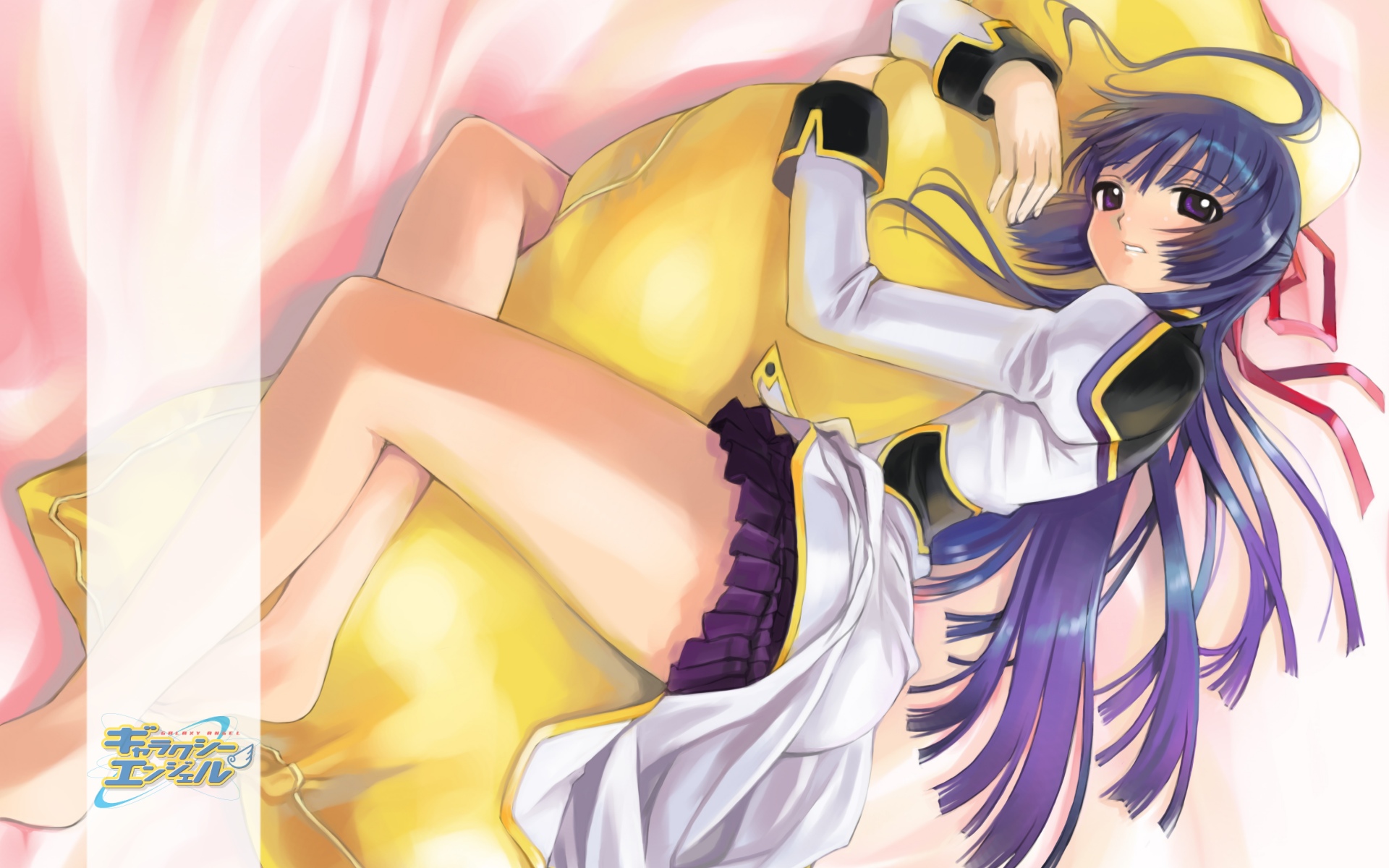 karasuma chitose, broccoli (company), galaxy angel, highres, 00s, 1girl, barefoot, black eyes, blue hair, female focus, hair ribbon, half updo, hugging object, long hair, looking at viewer, lying, on side, pillow, pillow hug, ribbon, solo