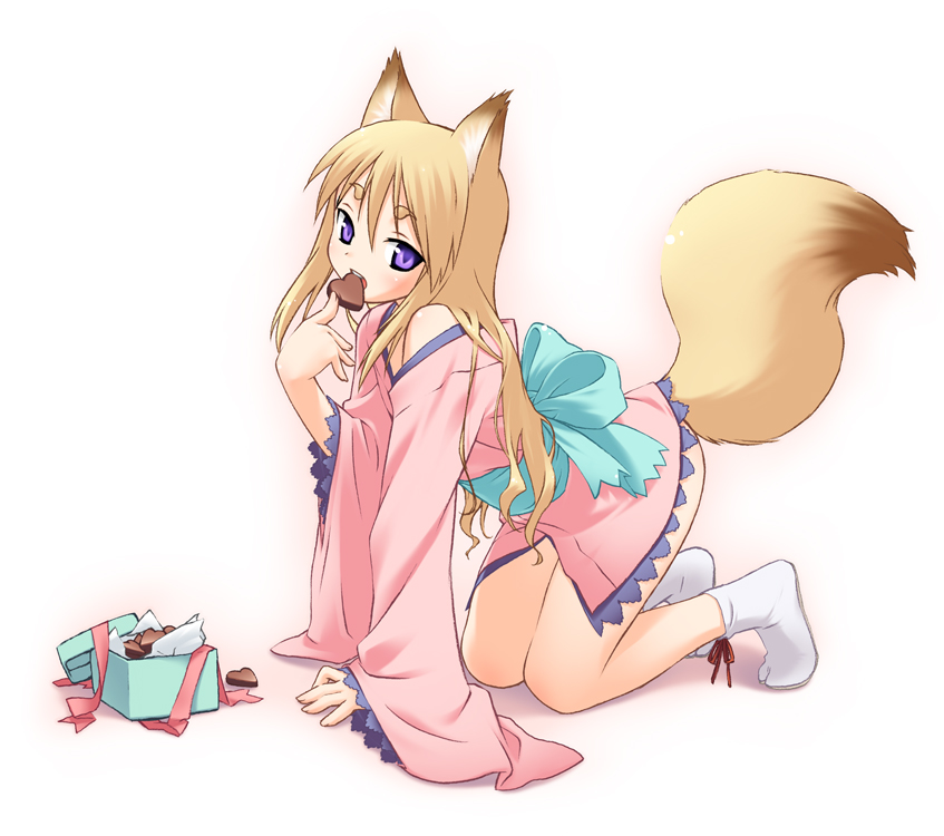 original, animal ears, candy, chocolate, chocolate heart, food, fox, fox ears, fox tail, heart, japanese clothes, solo, tabi, tail