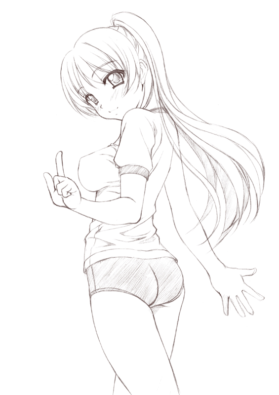 sin-go, kousaka tamaki, to heart (series), to heart 2, 00s, 1girl, ass, blush, buruma, female focus, greyscale, gym uniform, long hair, looking back, monochrome, pointing, ponytail, sketch, smile, solo