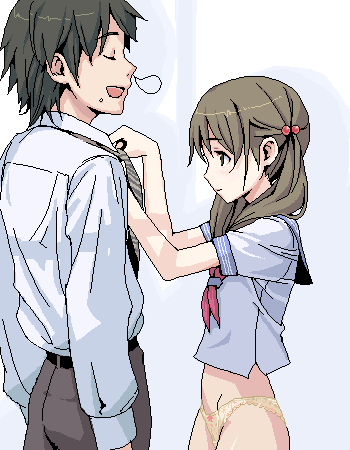 kishida mel, original, lowres, 1boy, 1girl, bottomless, bow, bow panties, brown eyes, brown hair, closed eyes, food, food on face, groin, hair bobbles, hair ornament, long hair, midriff, necktie, no pants, nose bubble, oekaki, panties, school uniform, serafuku, simple background, sleeping, sleepy, smile, standing, twintails, underwear, white background, yellow panties