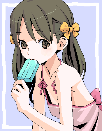 kishida mel, original, lowres, 1girl, downblouse, female focus, flat chest, food, nipple slip, nipples, oekaki, popsicle, solo