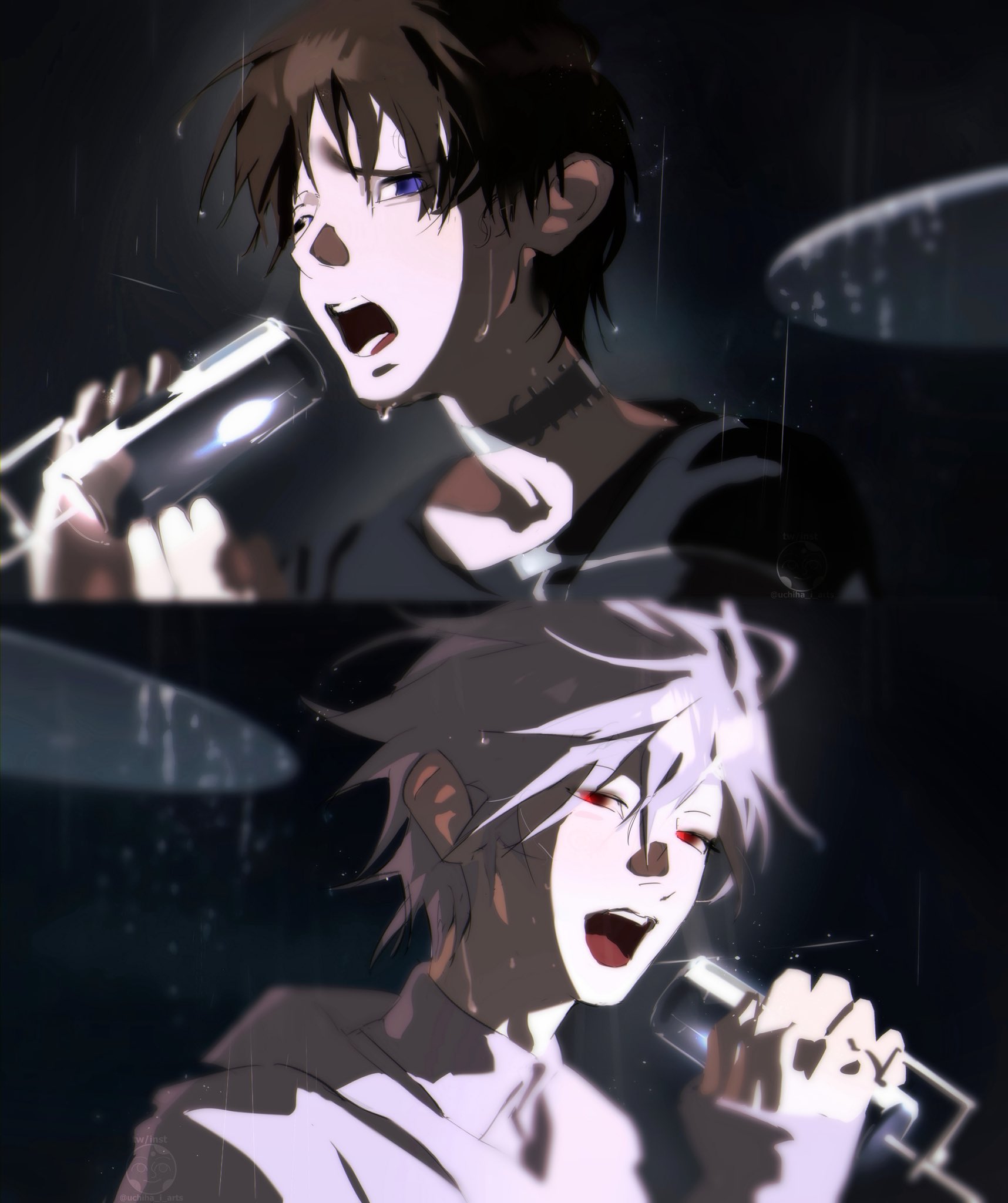 uchiha i arts, ikari shinji, ivan (alien stage), nagisa kaworu, till (alien stage), alien stage, neon genesis evangelion, commentary, english commentary, highres, 2boys, black hair, black shirt, blue eyes, choker, cosplay, grey choker, holding, holding microphone, ivan (alien stage) (cosplay), male focus, microphone, multiple boys, neck tattoo, open mouth, rain, red eyes, shirt, short hair, tattoo, till (alien stage) (cosplay), white hair, white shirt