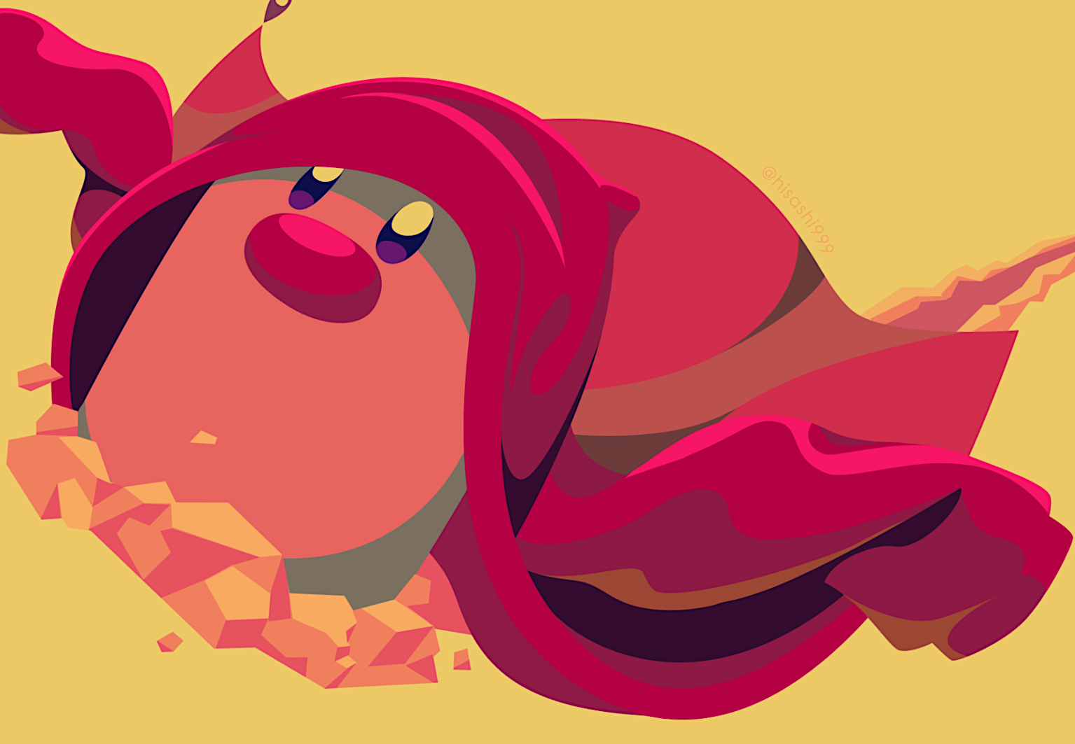 hisashi999, diglett, nintendo, pokemon, commentary request, cloak, clothed pokemon, full body, gen 1 pokemon, no humans, pokemon (creature), purple eyes, red cloak, rock, simple background, solo, yellow background