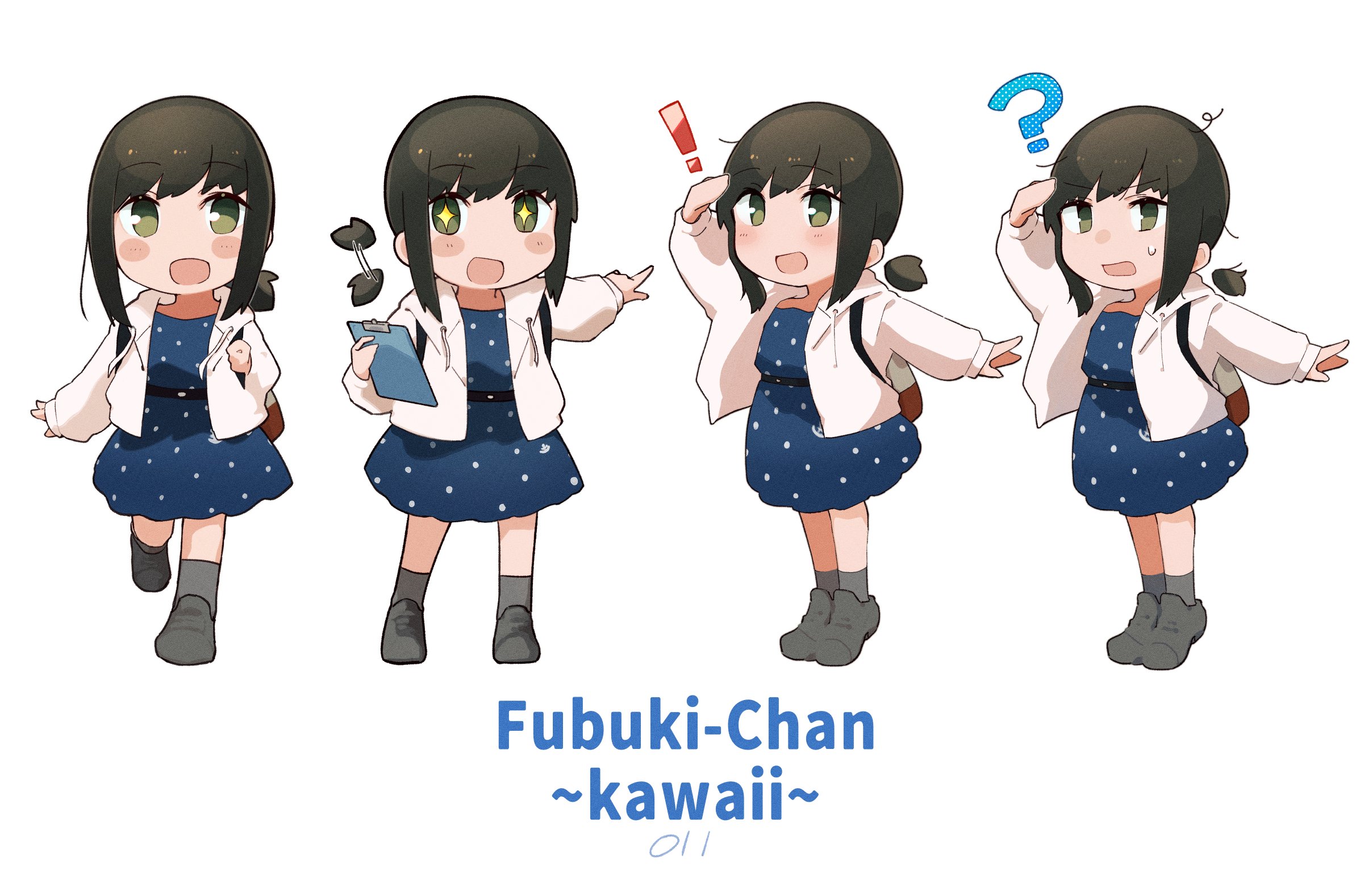 ma rukan, fubuki (kancolle), fubuki (spring) (kancolle), kantai collection, highres, 1girl, ?, backpack, bag, black hair, blue dress, brown eyes, chibi, clipboard, dress, grey socks, hair wagging, jacket, low ponytail, multiple views, official alternate costume, pointing, polka dot, polka dot dress, ponytail, romaji text, short ponytail, sidelocks, simple background, socks, standing, white background, white jacket