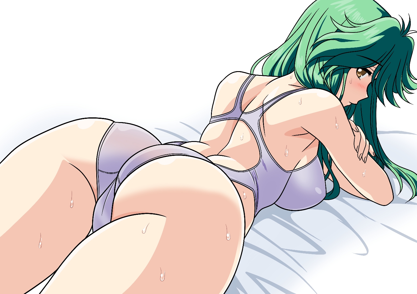 yuuyuu (3jjbn), asou kasumi, tokimeki memorial, tokimeki memorial 2, 1girl, ass, breasts, competition swimsuit, from behind, green hair, long hair, looking at viewer, looking back, lying, medium breasts, on stomach, one-piece swimsuit, racerback, solo, swimsuit, white one-piece swimsuit
