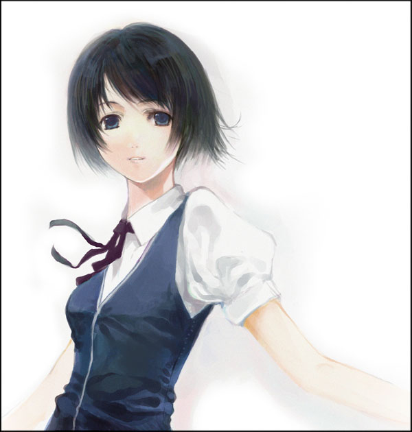 menace (queen's blade), original, queen's blade, 00s, 1girl, black border, black hair, blue eyes, border, bow, female focus, petals, ribbon, school uniform, serafuku, short hair, solo