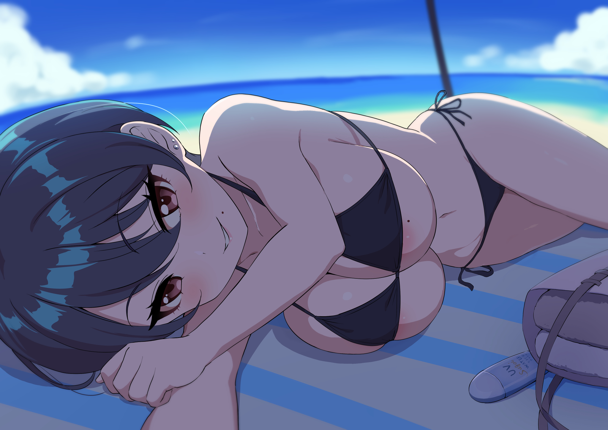 sakamata (sakamata4), original, commentary request, highres, variant set, 1girl, areola slip, bag, black hair, blue sky, breasts, brown eyes, cloud, day, earrings, hair between eyes, jewelry, lying, mole, mole on breast, navel, ocean, on side, outdoors, short hair, shoulder bag, sky, solo, stomach