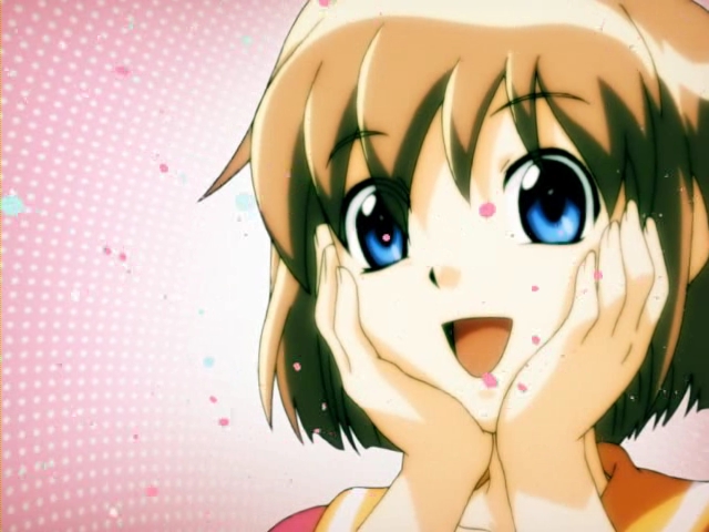 anna (yogurting), yogurting, anime screenshot, game cg, 1girl, anime coloring, blue eyes, brown hair, female focus, open mouth, short hair, solo