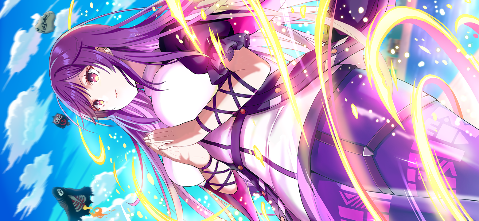 givuchoko, hijiri byakuren, touhou, touhou gensou eclipse, commentary request, game cg, official art, third-party source, 1girl, adapted costume, aura, blue sky, breasts, cloud, day, large breasts, long hair, monster, own hands together, pantyhose, puffy short sleeves, puffy sleeves, purple eyes, purple hair, purple pantyhose, short sleeves, skull, sky, solo, thigh strap, very long hair