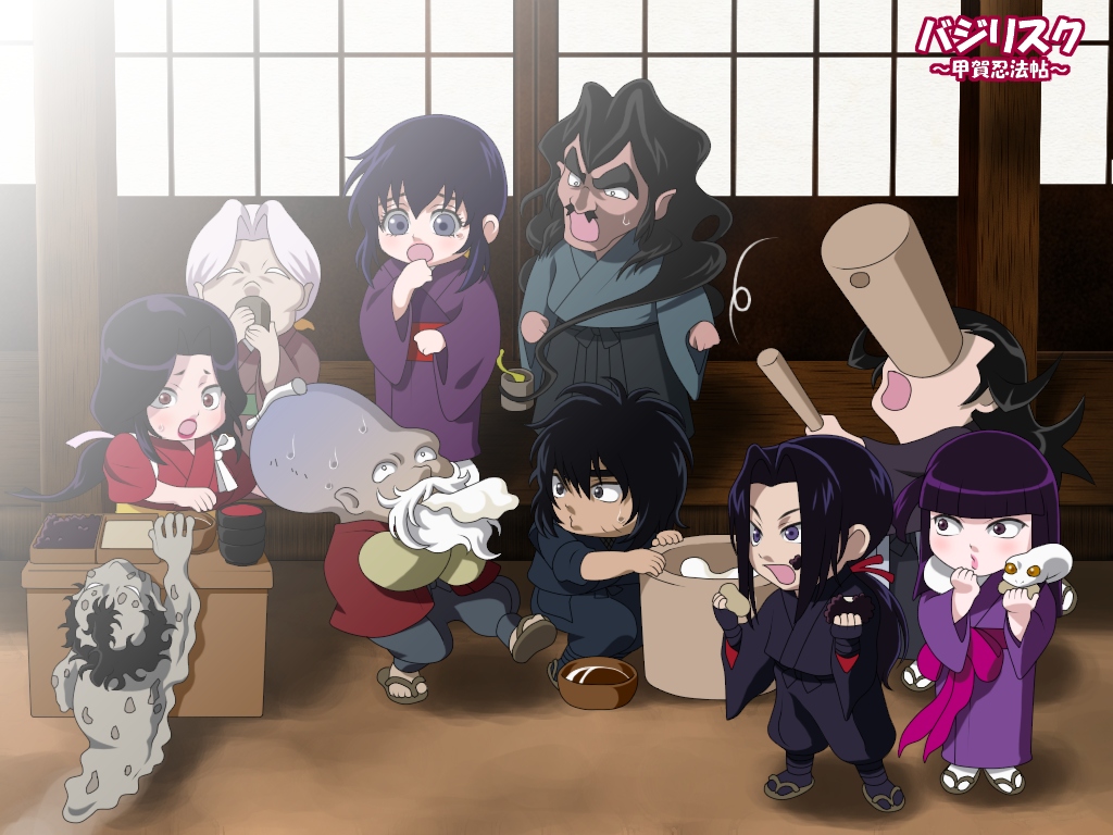 akeginu, amayo jingoro, azuki rousai, chikuma koshirou, hotarubi, iga oboro, iga ogen, mino nenki, yakushiji tenzen, yashamaru, basilisk (manga), 00s, 4girls, 6+boys, chibi, chibi only, everyone, japanese clothes, kimono, multiple boys, multiple girls