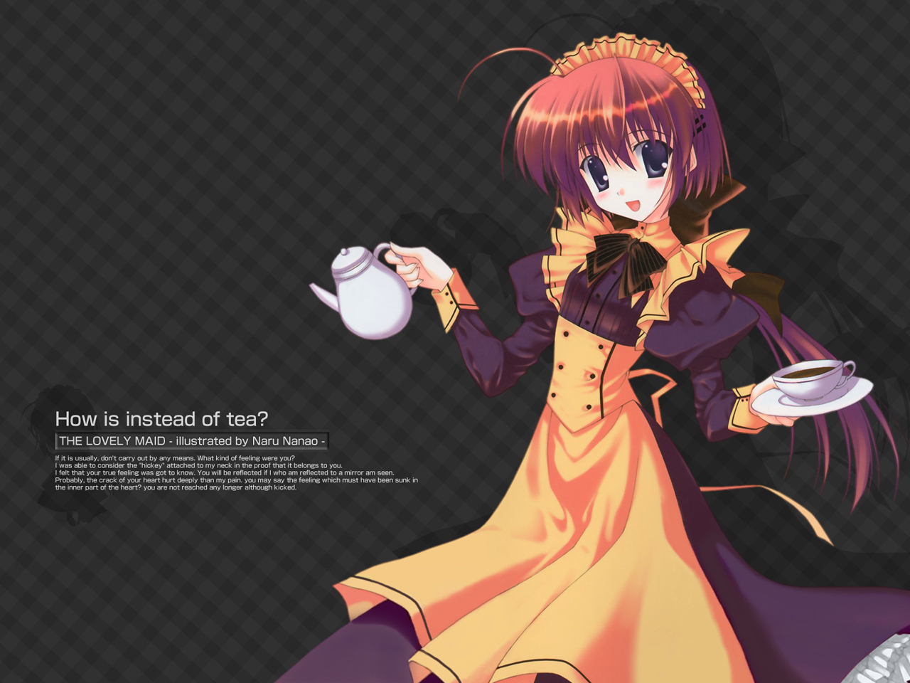 nanao naru, ahoge, blush, cup, english text, engrish text, maid, ponytail, ranguage, saucer, solo, tea, teacup