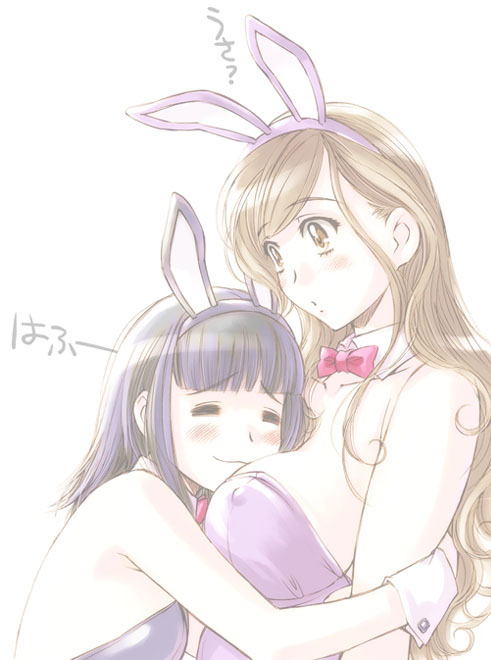 sameha ikuya, toudou shimako, maria-sama ga miteru, 00s, 2girls, animal ears, blue hair, bow, bowtie, breasts, brown hair, closed eyes, covered erect nipples, detached collar, fake animal ears, hug, large breasts, leotard, multiple girls, playboy bunny, rabbit ears, wrist cuffs, yuri