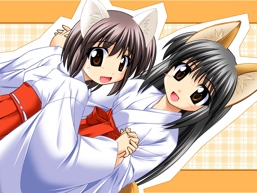 chogenbo musasiya, musashiya chougenbou, original, 2girls, :d, animal ears, black hair, brown eyes, brown hair, cat ears, fox ears, hakama, hakama skirt, japanese clothes, miko, multiple girls, open mouth, red hakama, short hair, skirt, smile, tail