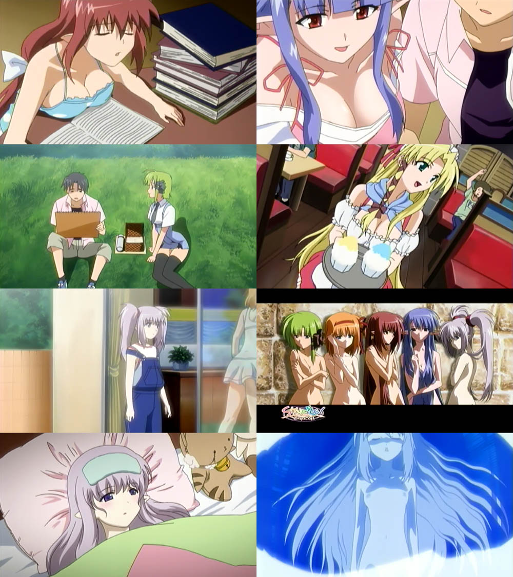 fuyou kaede, kareha, lisianthus, nerine, primula, shigure asa, tsuchimi rin, shuffle!, silver hair, anime screenshot, 00s, 2boys, 6+girls, blonde hair, blue hair, book, breasts, cat, cleavage, collage, episode12, flat chest, grass, green hair, large breasts, long hair, multiple boys, multiple girls, nude, orange hair, overalls, panties, pantyshot, pointy ears, red eyes, red hair, short hair, stuffed animal, stuffed toy, thighhighs, twintails, underwear, very long hair, waitress