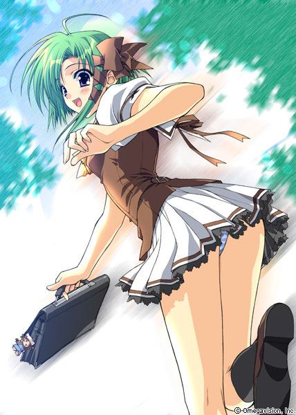 suzuhira hiro, shigure asa, shuffle!, duplicate, official art, 00s, 1girl, :d, ahoge, ass, bag, black socks, blouse, blue eyes, blue panties, blush, bow, character doll, charm (object), chibi, cloud, doll, dutch angle, female focus, green hair, hair bow, hair ribbon, holding, kneehighs, kneepits, lace, lace-trimmed skirt, lace trim, leaning forward, leg lift, loafers, looking back, miniskirt, motion blur, open mouth, outdoors, panties, pantyshot, pleated skirt, ribbon, running, school bag, school uniform, shirt, shoes, short hair, sidelocks, skirt, sky, smile, socks, solo, standing, standing on one leg, strap, striped clothes, striped panties, swept bangs, tress ribbon, underwear, upskirt, vest, walking, watermark