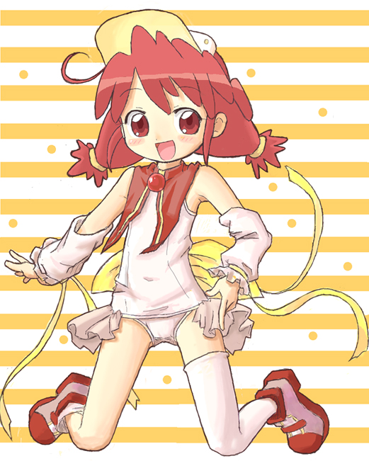 chaba (chabanyu), chaba, fine (futagohime), pastel ink, fushigiboshi no futago hime, moetan, striped, 1girl, ahoge, bird, blush, cosplay, detached sleeves, duck, female focus, hat, kneeling, one-piece swimsuit, parody, pastel ink (cosplay), pink hair, red eyes, school swimsuit, shoes, short twintails, single thighhigh, skirt, sneakers, solo, swimsuit, thighhighs, twintails, white one-piece swimsuit, white school swimsuit, white thighhighs