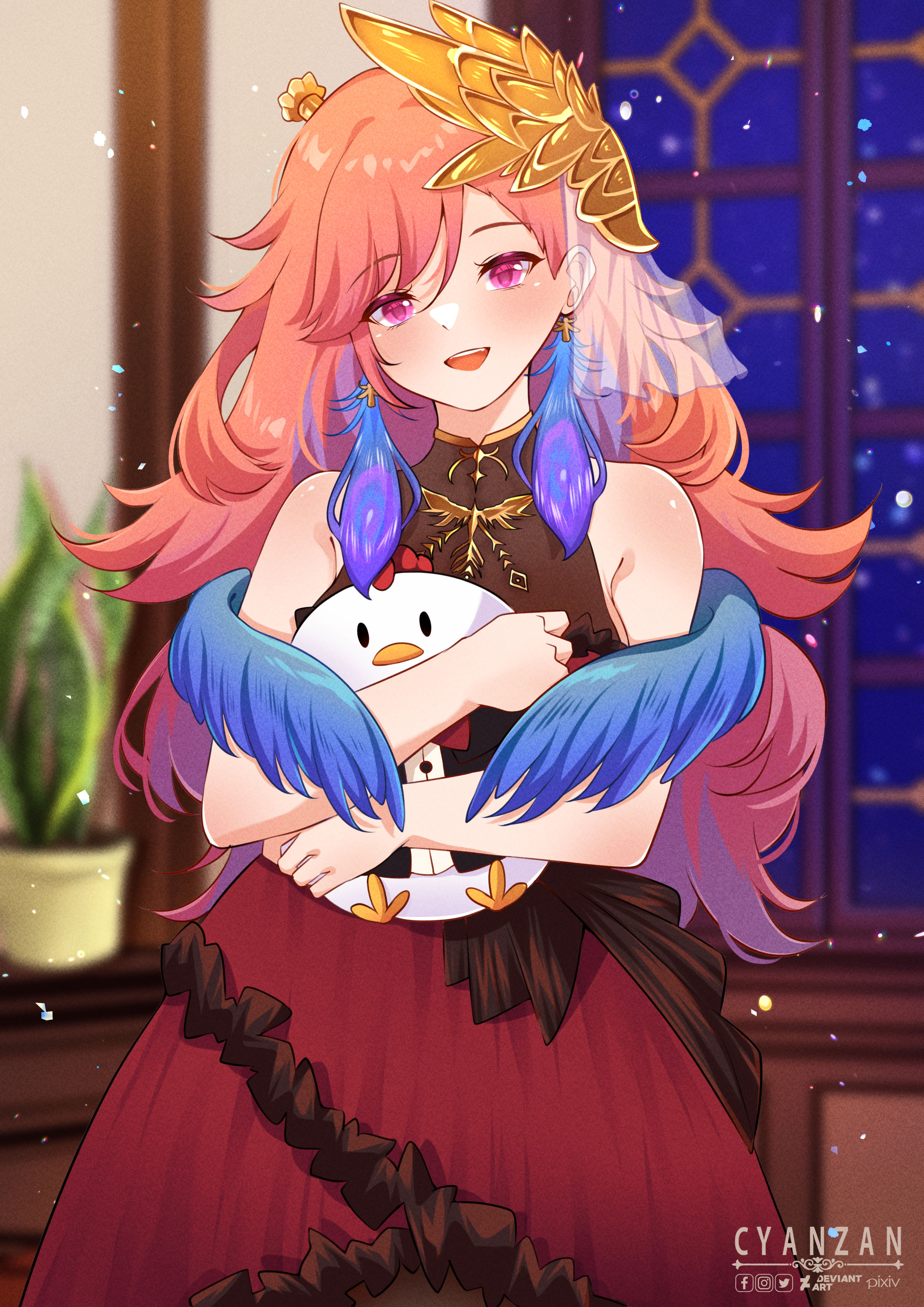 cyanzan, kfp employee (takanashi kiara), takanashi kiara, takanashi kiara (party dress), hololive, hololive english, absurdres, commentary request, highres, 1girl, :d, blue feathers, blue hair, blue wings, blurry, blurry background, colored inner hair, cowboy shot, dress, evening gown, feathered wings, feathers, gradient hair, halter dress, halterneck, holding, indoors, long hair, looking at viewer, multicolored hair, official alternate costume, official alternate hair color, official alternate hairstyle, open mouth, orange hair, pink eyes, plant, potted plant, red dress, sleeveless, sleeveless dress, smile, solo, swept bangs, teeth, upper teeth only, virtual youtuber, wings