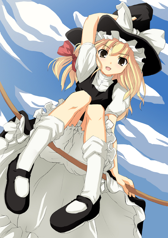 date (senpen), kirisame marisa, touhou, 1girl, arm up, blonde hair, bloomers, bow, broom, broom riding, cloud, day, dutch angle, female focus, from below, full body, hair bow, hand on headwear, hat, looking down, mary janes, open mouth, outdoors, shoes, sidesaddle, sky, socks, solo, underwear, white bloomers, white socks, witch hat, yellow eyes
