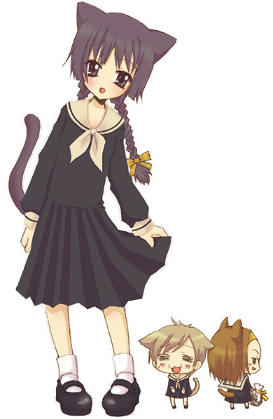 mekimeki, hasekura rei, shimazu yoshino, torii eriko, maria-sama ga miteru, white legwear, 00s, 3girls, :d, = =, animal ears, black eyes, black hair, blush, blush stickers, braid, cat ears, cat tail, chibi, from behind, full body, hair ribbon, hairband, holding, jitome, long hair, long sleeves, looking at viewer, looking back, mary janes, multiple girls, open mouth, pleated skirt, profile, ribbon, school uniform, serafuku, shirt, shoes, short hair, simple background, skirt, skirt hold, smile, socks, standing, tail, twin braids, white background