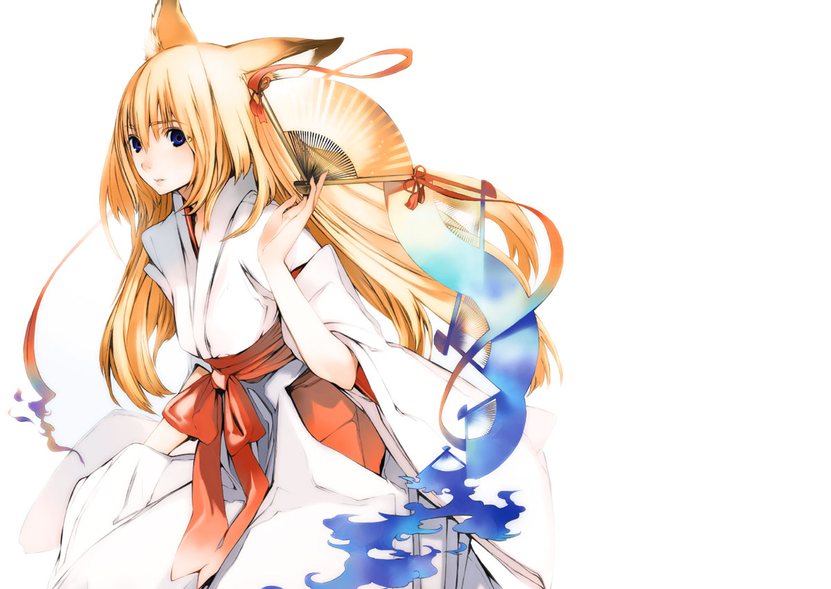 houden eizou, tenko kuugen, original, wagaya no oinari-sama, 00s, 1girl, animal ears, blonde hair, blue eyes, female focus, folding fan, fox ears, hakama, hakama skirt, hand fan, japanese clothes, long hair, miko, red hakama, senpen, skirt, solo, very long hair