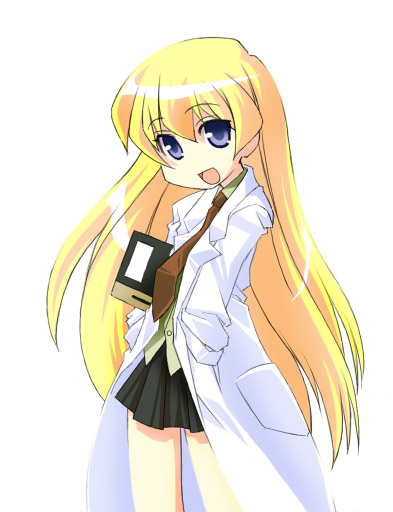 umekichi, rebecca miyamoto, pani poni dash!, 00s, 1girl, :d, blonde hair, brown necktie, child, female focus, hands in pockets, lab coat, long hair, looking at viewer, miniskirt, necktie, no nose, open mouth, pleated skirt, simple background, skirt, smile, solo, white background