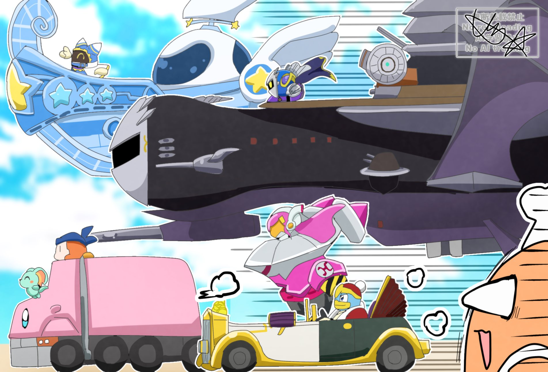 bandana waddle dee, big-rig mouth, chef kawasaki, elfilin, halberd (airship), king dedede, kirby, lor starcutter, magolor, meta knight, susie (kirby), hal laboratory, kirby's return to dream land, kirby: planet robobot, kirby: right back at ya!, kirby (series), kirby air ride, kirby air riders, kirby and the forgotten land, kirby super star, nintendo, highres, 1girl, 6+boys, aircraft, airship, artist name, battleship, bulging eyes, cannon, car, cloud, cloudy sky, combo cannon, eye pop, limousine, mecha, military vehicle, motion lines, motor vehicle, mouthful mode, multiple boys, racing, robot, semi truck, ship, sky, spacecraft, speed lines, star (sky), surprised, sutashita, truck, visor (armor), warship, watercraft, wings